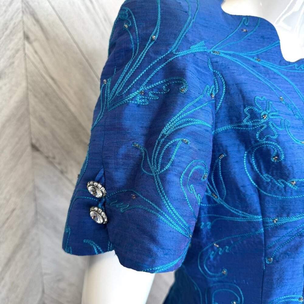 VTG 80s Skirt Suit Set Glam Power Cocktail Party Business Blue Rhinestone M/L - Picture 3 of 14